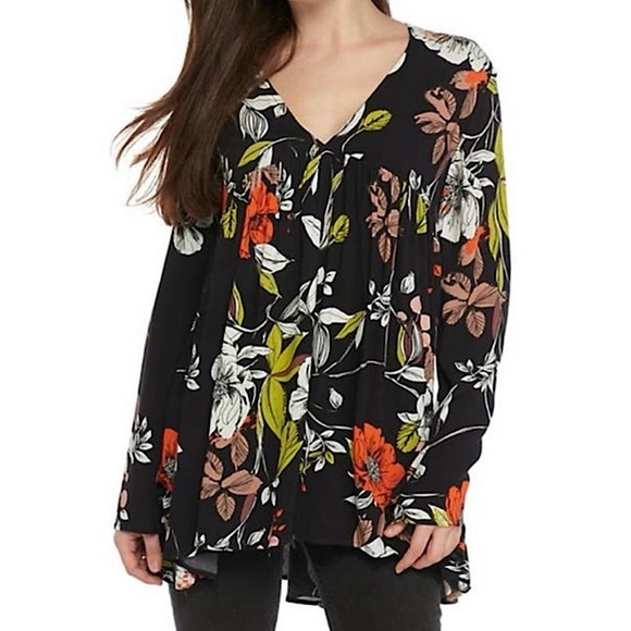 Free People Bella Floral Tunic Top Mini Dress Black Yellow Red White Size Small - Picture 1 of 11